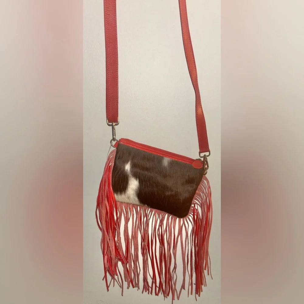 New Genuine Leather Cowhide Tooled Cross Body Fringe Purse Red Brown Western
